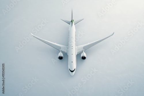 Modern jet aircraft viewed from above in bright, minimalistic setting for des...