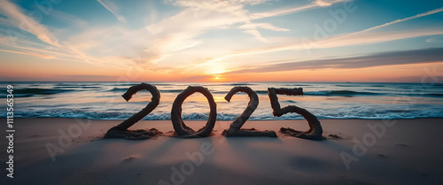 2025 Written in Sand on Beach Shore at Sunset: Stunning Coastal New Year Concept.
