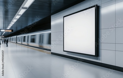 People walking in a modern subway station with a blank advertising board