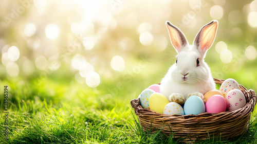 cute white bunny near Basket filled with colorful Easter eggs on green grass