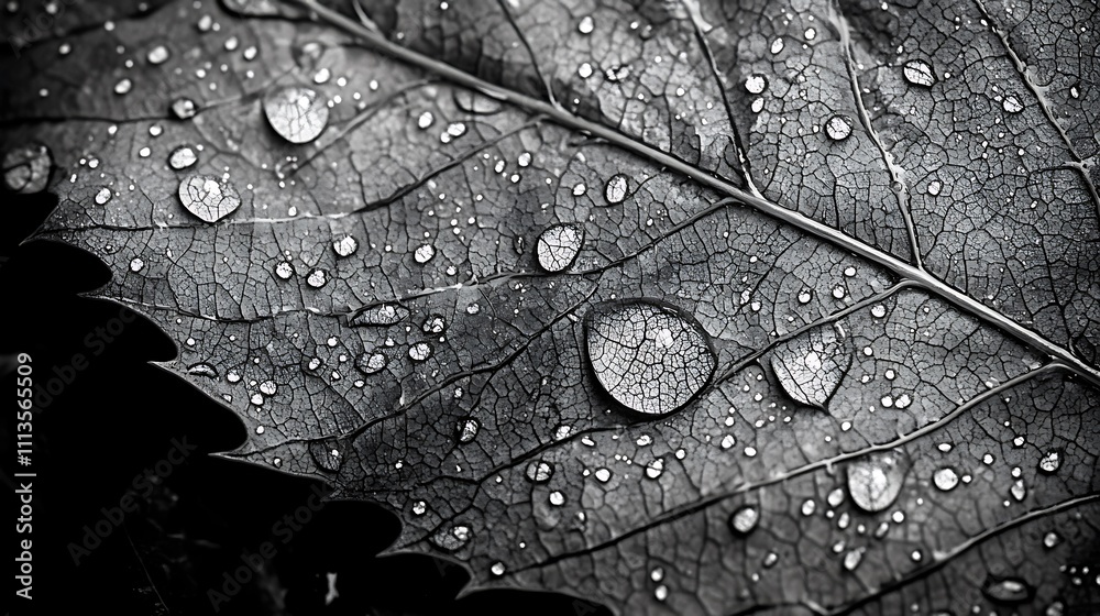 Fototapeta premium Dewdrops Adorn A Dried Leaf Showing Intricate Veins