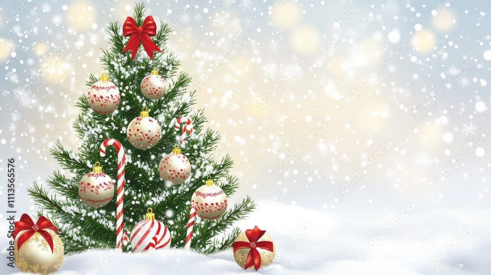 A festive Christmas tree adorned with ornaments, candy canes, and gifts in a snowy setting. A festive Christmas tree adorned with ornaments, candy canes, and gifts in a snowy setting.