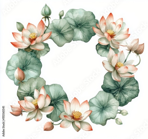 Beautiful lotus flower wreath with soft pastel colors and serene design