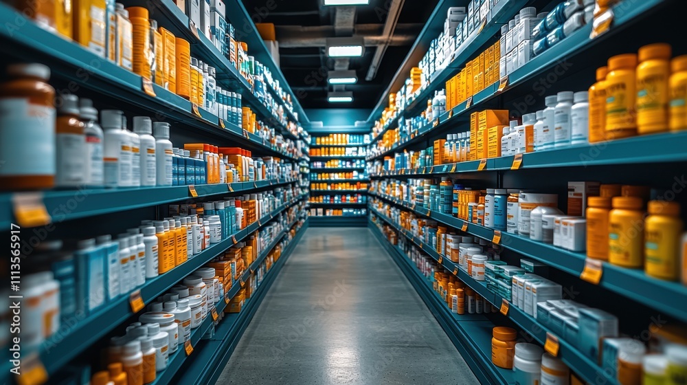 Long pharmacy aisle filled with colorful bottles of vitamins, supplements, and medicines arranged neatly on shelves under bright lighting. Long pharmacy aisle filled with colorful bottles of vitamins, supplements, and medicines arranged neatly on shelves under bright lighting.