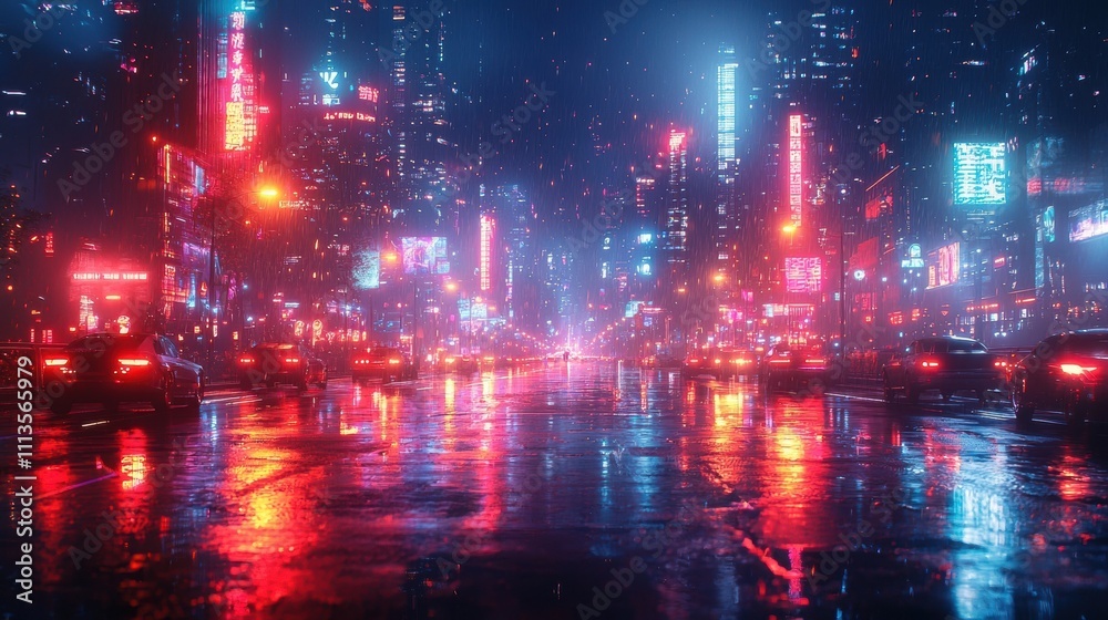 Fototapeta premium Dazzling Futuristic Nightscape of Towering Skyscrapers and Neon Lit Streets