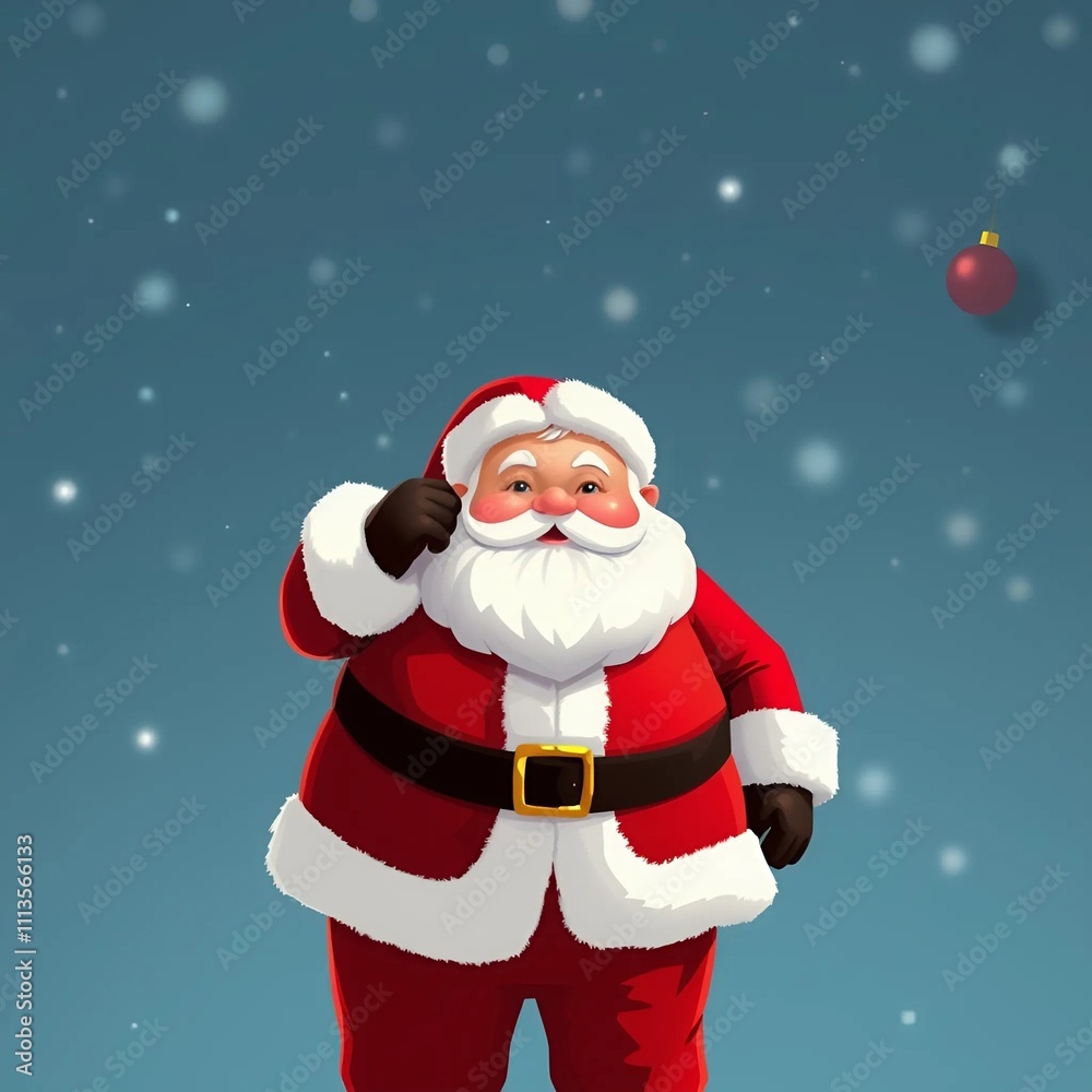 A jolly Santa Claus against a snowy blue background. A jolly Santa Claus against a snowy blue background.