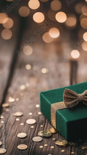 Green top hat and gold coins on a wooden surface for a festive celebration