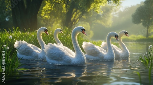 Elegant swans gliding on calm water in a serene natural setting at dawn