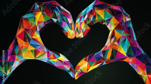 Vibrant Polygonal Heart: Two hands forming a heart shape, crafted with vibrant, multicolored polygonal patterns against a stark black background. A symbol of love, unity, and creativity.