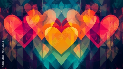 Abstract Love: A captivating blend of vibrant colors and geometric hearts creates a visually stunning abstract art piece.  Perfect for Valentine's Day, romantic themes.