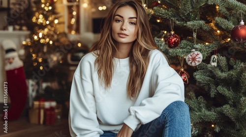 Young woman poses beside Christmas tree in cozy setting during holiday season