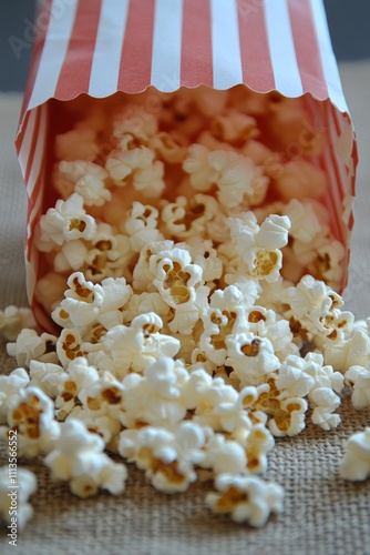 Fresh popcorn spills from striped bag on a textured surface during a movie night