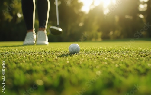 Golf player prepares to putt towards the hole during a sunset
