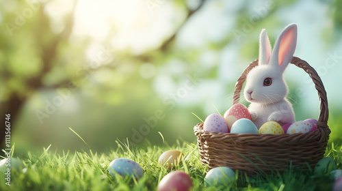 cute white bunny near Basket filled with colorful Easter eggs on green grass