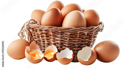 A rustic basket filled with brown eggs sits on a clean surface, some eggs scattered around with cracked shells showcasing vibrant yellow yolks, capturing the essence of a fresh farm morning