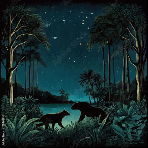 Painting of a tropical forest with a full moon and a river Landscape Design on Vector