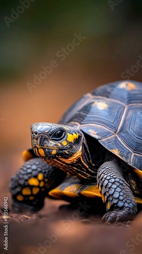 Close up of a colorful turtle resting on greenery in a lush habitat