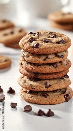Soft chocolate chip cookies stacked on a table with festive decorations in th...