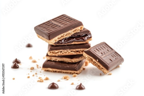 Several chocolate filled wafer biscuits stacked on a white background