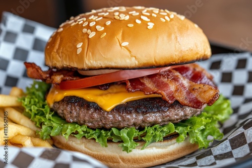 Delicious cheeseburger with crispy bacon and fresh lettuce served on a sesame...
