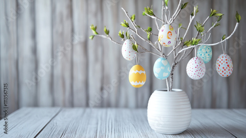 Easter tree with hanging Easter eggs in pastel color