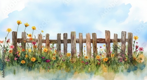 Colorful garden flowers blooming near a rustic wooden fence in a sunny landscape