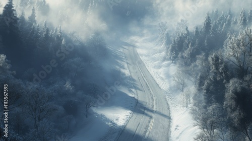 Winter road through snow covered forest with fog and mist in early morning light
