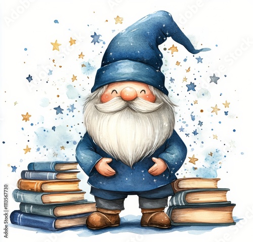 Gnome reading books with a whimsical expression among stars and decorations