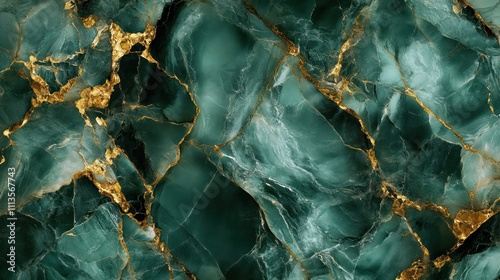Wide view of emerald green marble with intricate gold veins, capturing the luxurious and natural elegance of the stone.