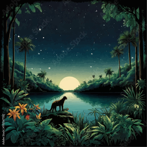 Painting of a tropical forest with a full moon and a river Landscape Design on Vector