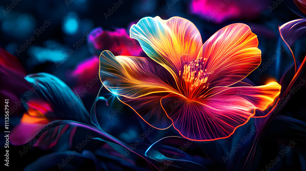 Vibrant Neon Flower Illuminated In Dark Setting Vibrant Neon Flower Illuminated In Dark Setting