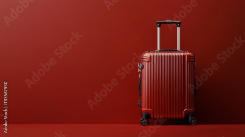 Red suitcase stands alone against a bright red background, suggesting travel ...