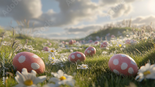Photo meadow landscape with easter eggs on a meadow