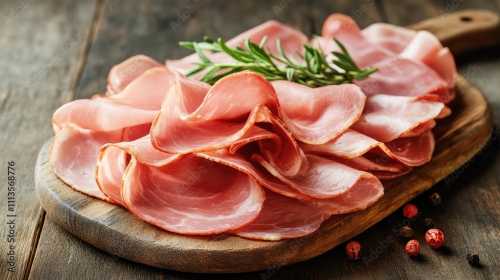 Fototapeta premium Sliced ham, a type of Italian pork, presents a visual appeal with its salted cured meat layers. This image of sliced ham offers a fresh perspective and ample copy space.