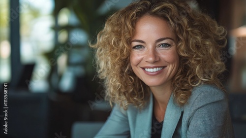 Business professional with curly hair smiles confidently in modern office set...