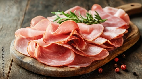 Sliced ham, a type of Italian pork, presents a visual appeal with its salted cured meat layers. This image of sliced ham offers a fresh perspective and ample copy space.