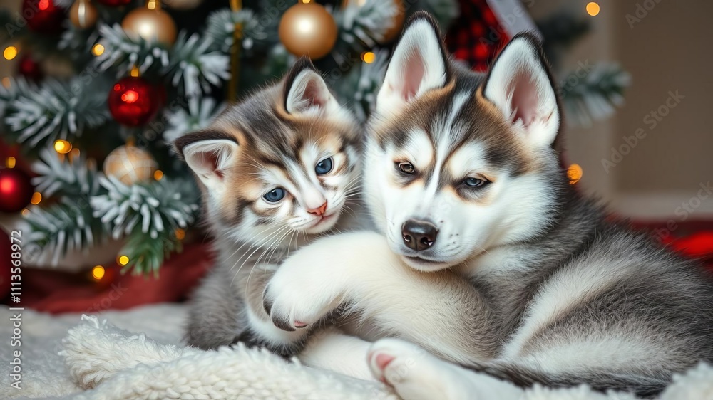 A cute white husky puppy lovingly hugs a gray kitten in front of a festive Christmas tree, cuddle, puppy A cute white husky puppy lovingly hugs a gray kitten in front of a festive Christmas tree, cuddle, puppy