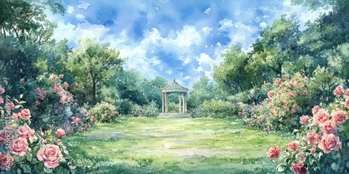 Vibrant garden landscape featuring a gazebo surrounded by blooming roses unde...