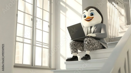 A stylish 3D cartoon penguin sits on a white staircase in a bright office, smiling as it works on a laptop. Wearing a grey blazer, patterned trousers, and black high-heeled shoes. photo