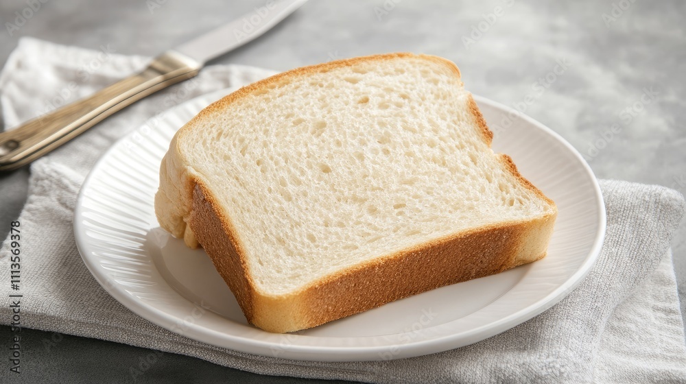 Delicious slice of bread presented on a white plate accompanied by a knife, inviting you to enjoy the tempting and delightful flavors of this delicious bread. Copy space included. Delicious slice of bread presented on a white plate accompanied by a knife, inviting you to enjoy the tempting and delightful flavors of this delicious bread. Copy space included.
