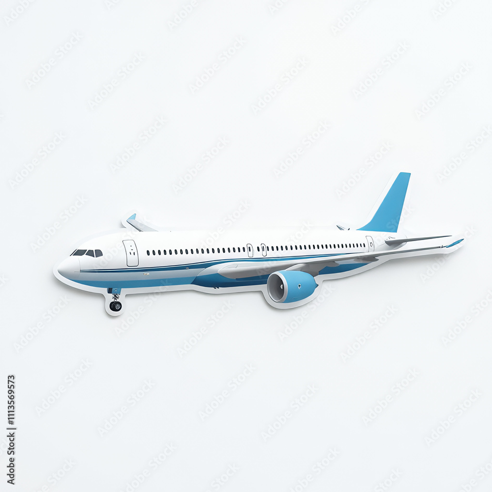 Model Airplane In White And Blue Colors Displayed Against A Plain Background. Model Airplane In White And Blue Colors Displayed Against A Plain Background.
