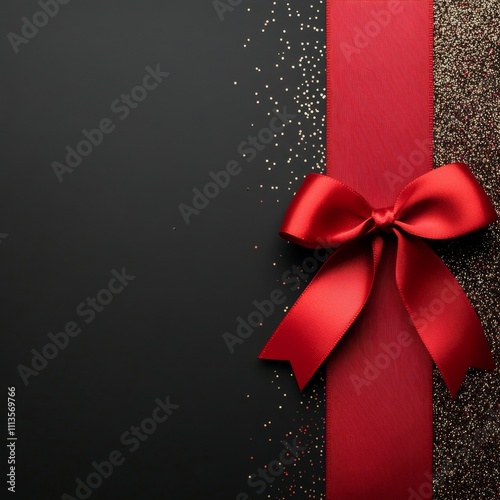 Gift wrapping with red ribbon and sparkling black background during festive s...