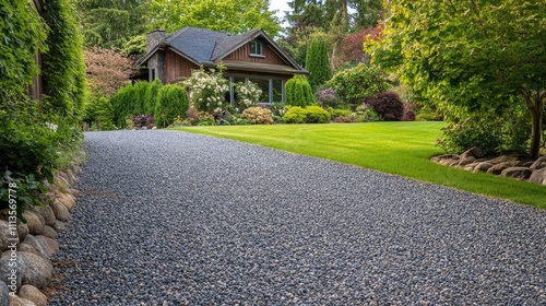 Gravel driveway adjacent to a house, complemented by a well-kept lawn, creates an inviting and serene atmosphere. This gravel driveway offers ample photo style copy space.