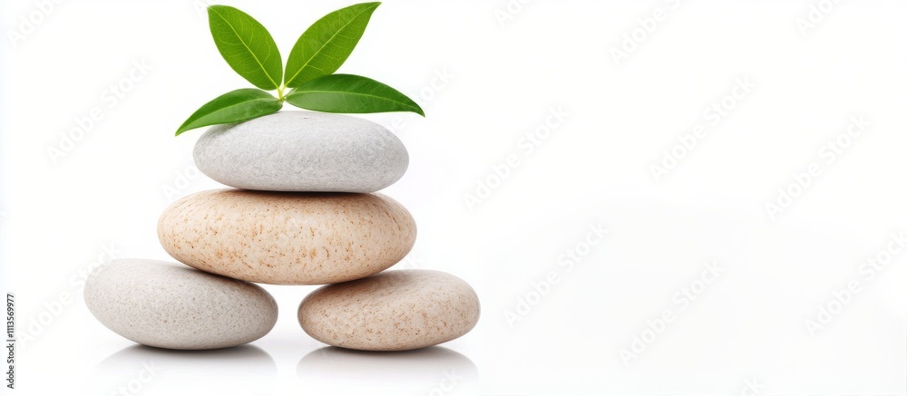 Relaxing spa arrangement with stacked stones and green leaves for wellness and tranquility