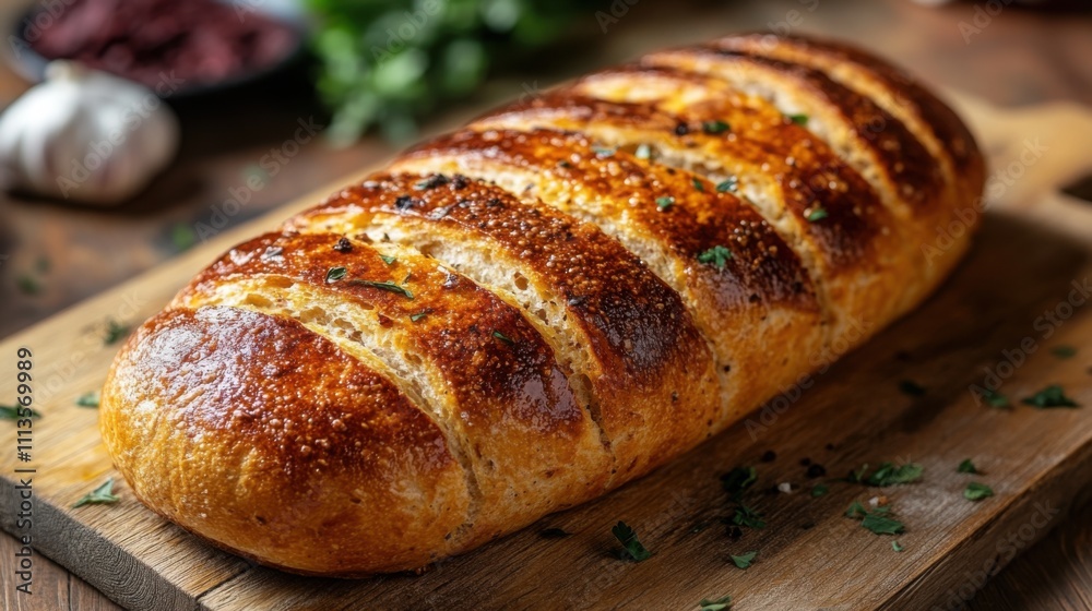 A Rustic Loaf of Garlic Bread, perfect for adding a touch of rustic charm to your food photography, website design, or cookbook. High-resolution image ideal for large prints and commercial use. A Rustic Loaf of Garlic Bread, perfect for adding a touch of rustic charm to your food photography, website design, or cookbook. High-resolution image ideal for large prints and commercial use.