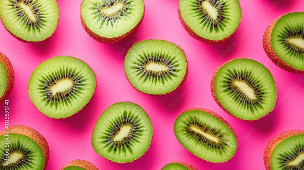 Fototapeta premium Vibrant kiwis arranged on a pink background create a visually appealing composition. Fresh kiwis represent delicious natural delights, perfect for enhancing any design with color and flavor.