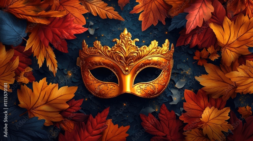 Yellow Halloween Venetian party mask surrounded by autumn leaves on a dark background. This Halloween mask is perfect for autumn-themed social media posts, banners, or jigsaw puzzles. Yellow Halloween Venetian party mask surrounded by autumn leaves on a dark background. This Halloween mask is perfect for autumn-themed social media posts, banners, or jigsaw puzzles.