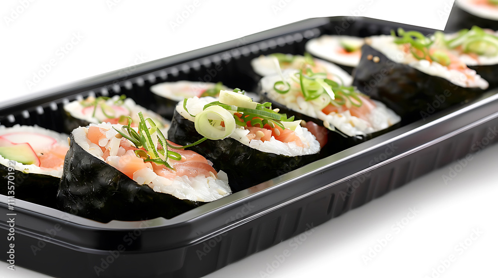Delicious Salmon Sushi Rolls in Takeout Container Delicious Salmon Sushi Rolls in Takeout Container