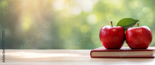 Fresh red apples resting on stacked books with a blurred green background dur...