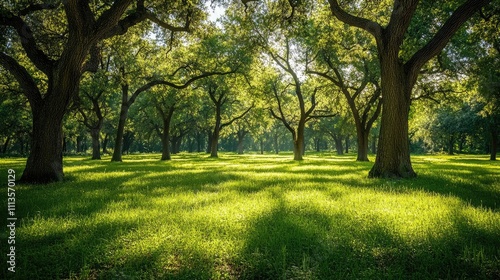 Landscape image capturing an oak forest in spring, highlighting the vibrant greenery. This oak forest offers a scenic backdrop with ample copy space for text.